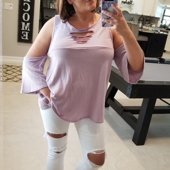 Cotton Bleu by Nu Label Tops - Women's Cutout Front Open Shoulder Tee - Lilac